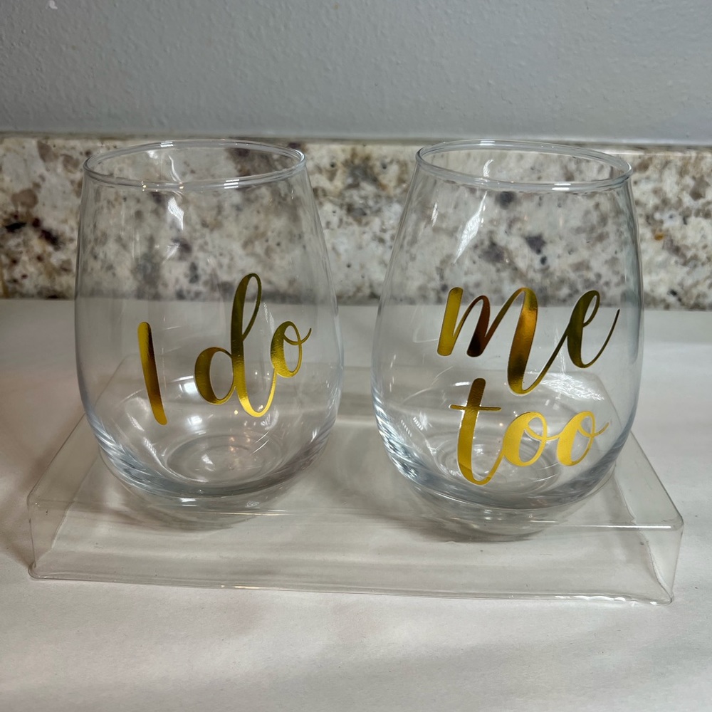Set/2 20 FL OZ Stemless Glass Wine Glasses I Do/Me Too NIB